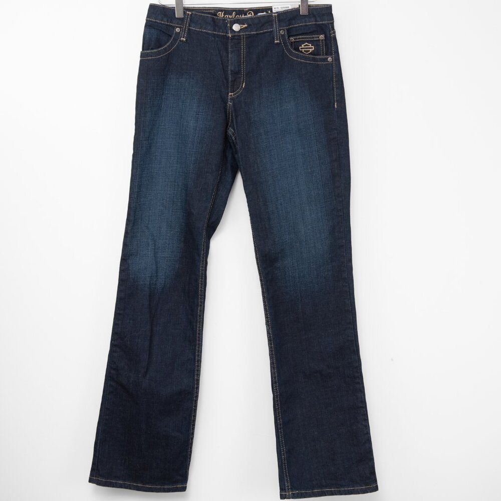 Harley Davidson Boot Cut Jeans Embellished Mid-Rise Dark Indigo Blue Size 6 New